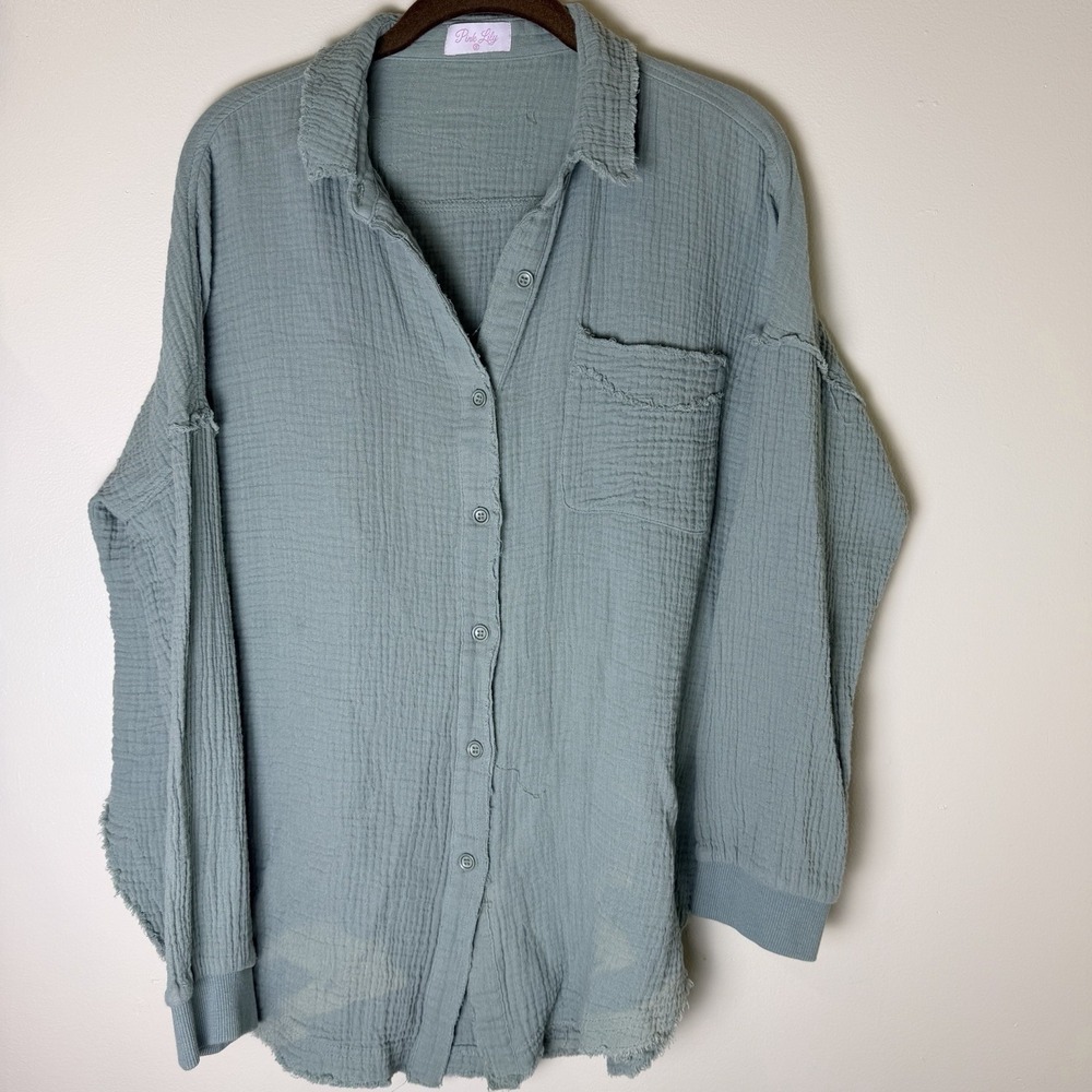 Pink Lily Green Cotton Gauze Frayed Hem Button Down Shirt Sm Oversized